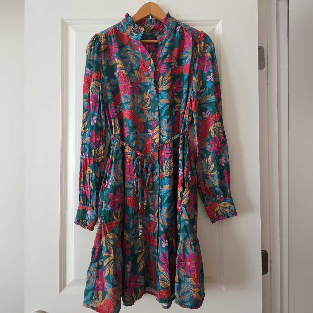 Hazel Blues Rustic Retreat Long Sleeve Dress Floral Boho Ruffled Neck Womens S